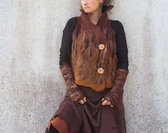 Earthy Brown Felt Waistcoat, Woodland Pixie Costume, Hand Made Nuno Felt Jacket, Elfnfelt, Tribal Women's Vest, Wearable Art, Bohemian Coat