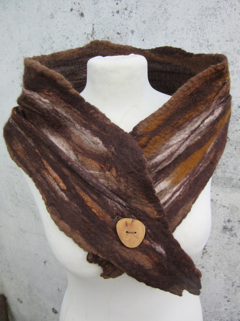 Brown Scarf, Handmade Stole, Nuno Felt Scarf, Scarves & Wraps, Scarf Accessories, Neck Scarf For Women, Merino Wool Scarf with Wooden Button image 7