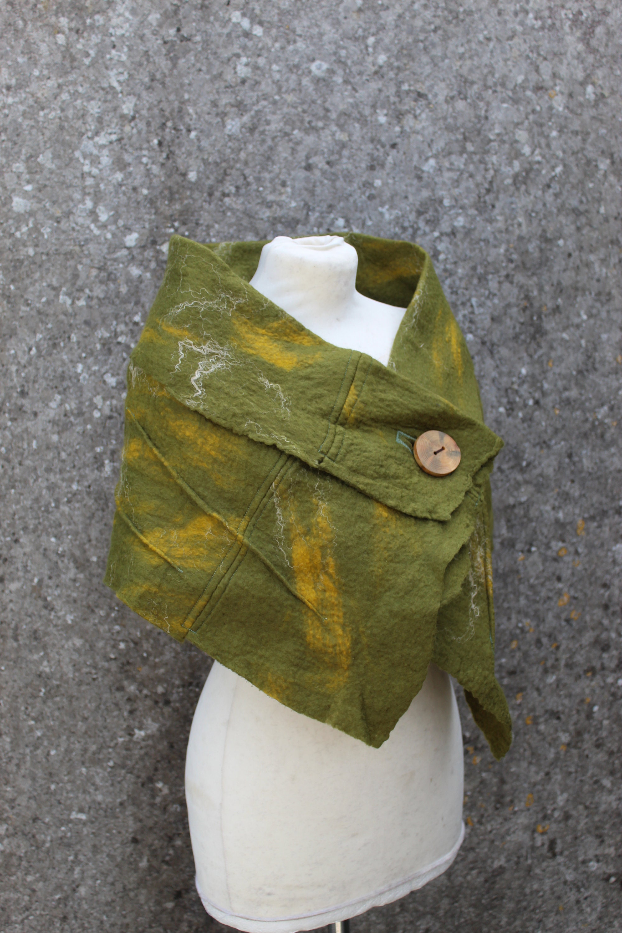 Nuno Felted Merino Wool Stole, Handmade Olive Green Shawl Wrap
