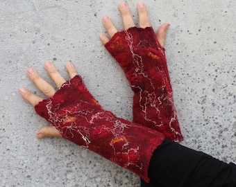 Hand made red arm warmers , Nuno felt cuffs ,wool fingerless gloves