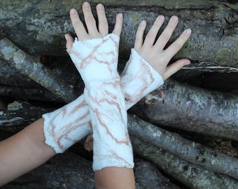 Handmade Felted Merino Wool Fingerless Gloves, Cream Beige Cuffs