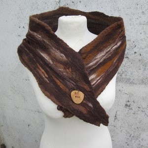 Brown Scarf, Handmade Stole, Nuno Felt Scarf, Scarves & Wraps, Scarf Accessories, Neck Scarf For Women, Merino Wool Scarf with Wooden Button image 2