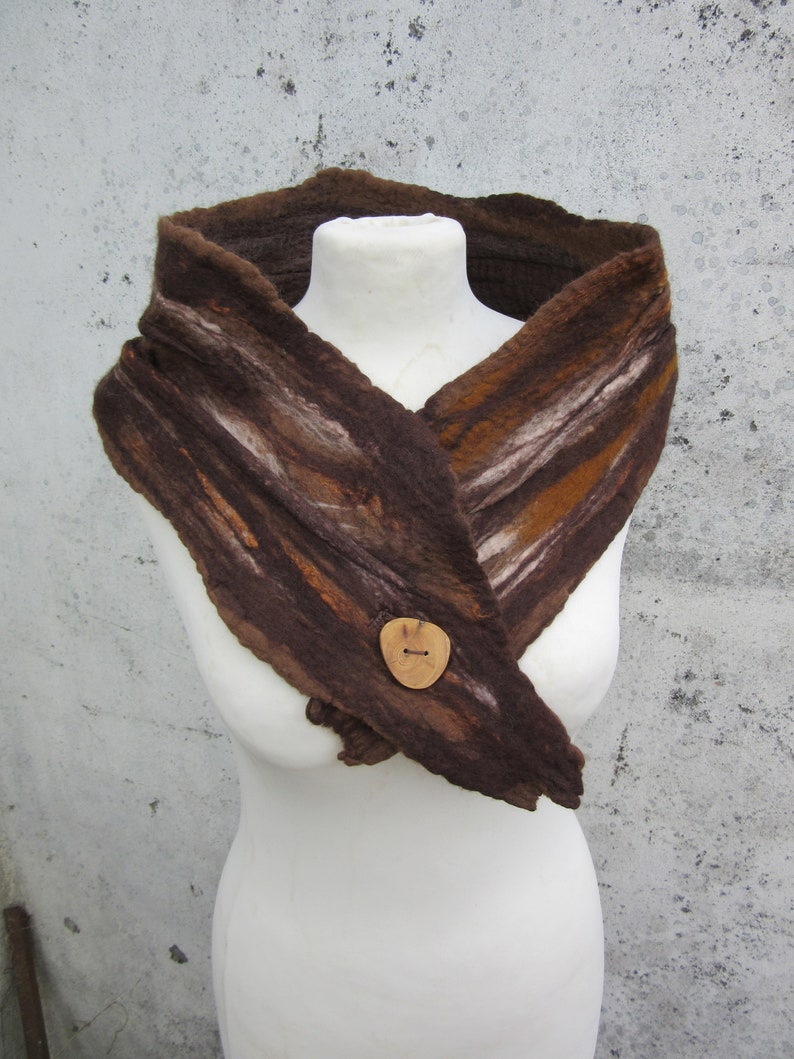 Brown Scarf, Handmade Stole, Nuno Felt Scarf, Scarves & Wraps, Scarf Accessories, Neck Scarf For Women, Merino Wool Scarf with Wooden Button image 2