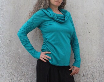 Turquoise Cotton Lycra Top, Lycra Long Sleeve Top, Yoga Shirt, Cowl Neck Boho Blouse, Hippie Women's Clothing