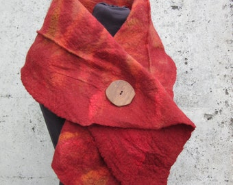 Handmade Merino Wool Felt Scarf, Wood Button Neck Warmer