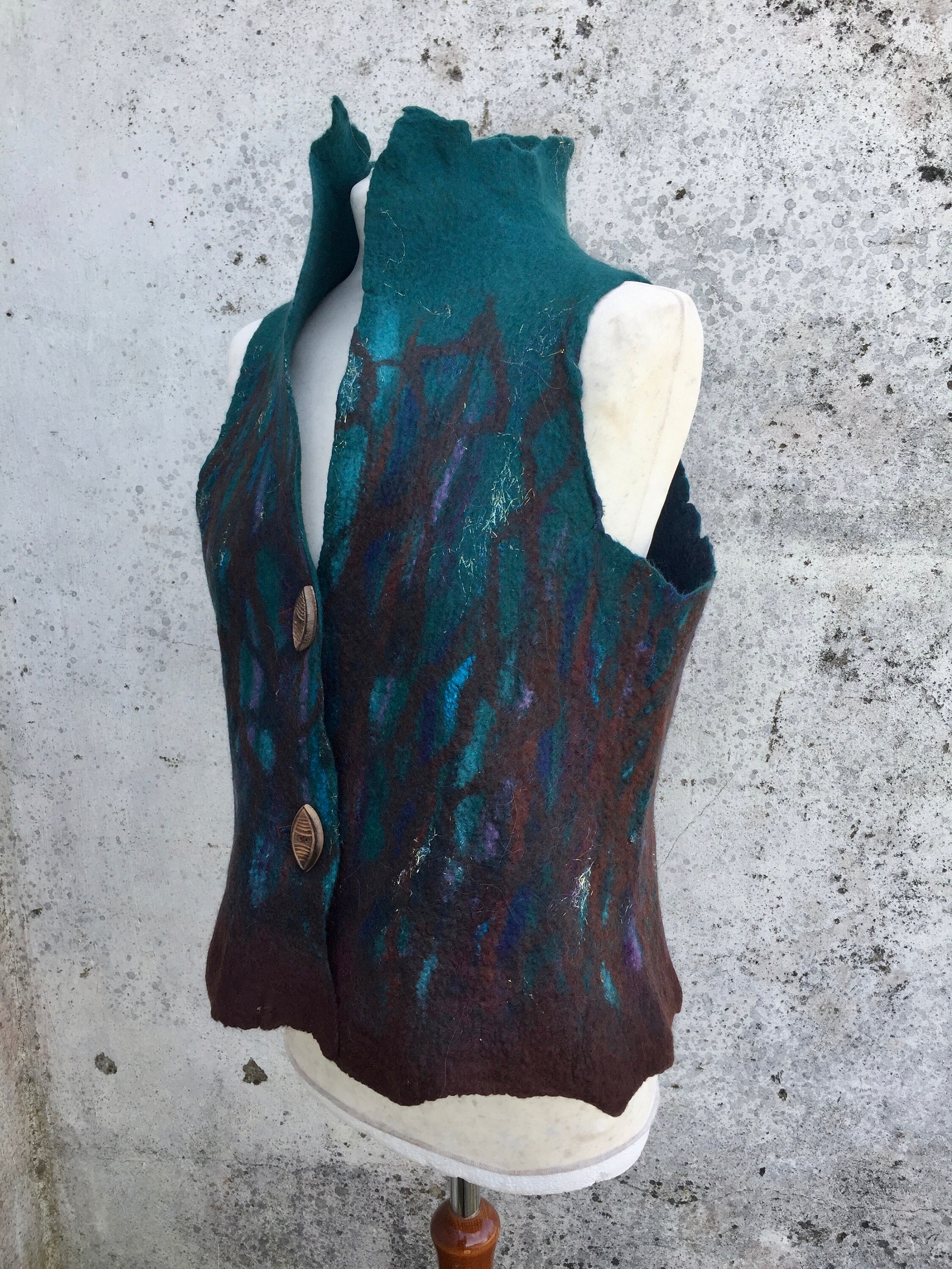 Image of Fantasy Felted Waistcoat , Wool Teal & Chestnut Vest Handmade