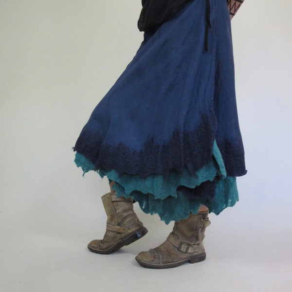 Fantasy Wrap-Around Skirt, mid length Wrap Skirt Nuno Felt Petticoat, Fairie Skirt, Boho Hippie Skirt, Blue Summer Skirt,