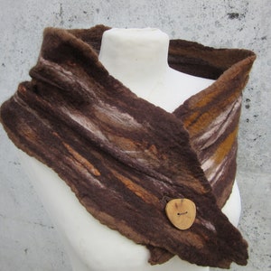 Brown Scarf, Handmade Stole, Nuno Felt Scarf, Scarves & Wraps, Scarf Accessories, Neck Scarf For Women, Merino Wool Scarf with Wooden Button image 6