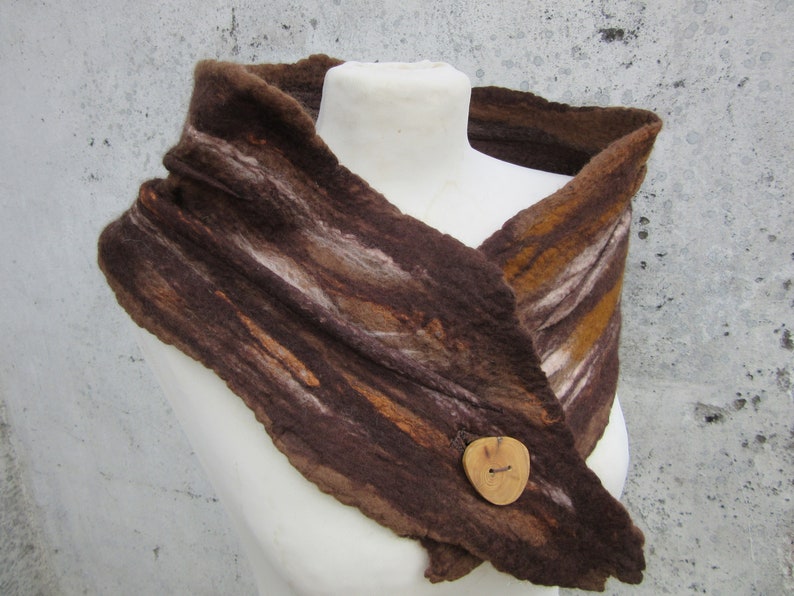 Brown Scarf, Handmade Stole, Nuno Felt Scarf, Scarves & Wraps, Scarf Accessories, Neck Scarf For Women, Merino Wool Scarf with Wooden Button image 6
