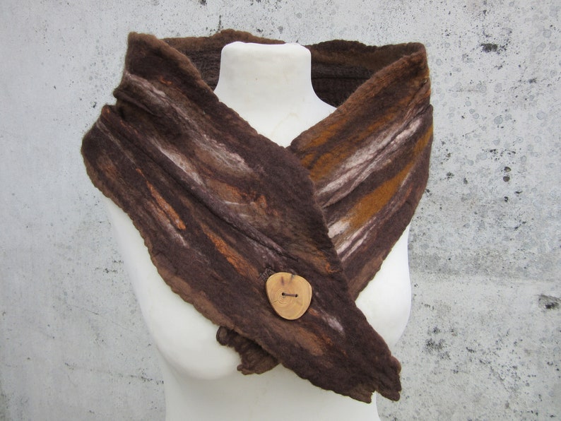 Brown Scarf, Handmade Stole, Nuno Felt Scarf, Scarves & Wraps, Scarf Accessories, Neck Scarf For Women, Merino Wool Scarf with Wooden Button image 1