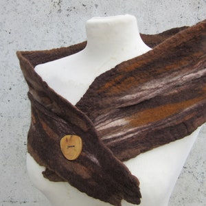 Brown Scarf, Handmade Stole, Nuno Felt Scarf, Scarves & Wraps, Scarf Accessories, Neck Scarf For Women, Merino Wool Scarf with Wooden Button image 5