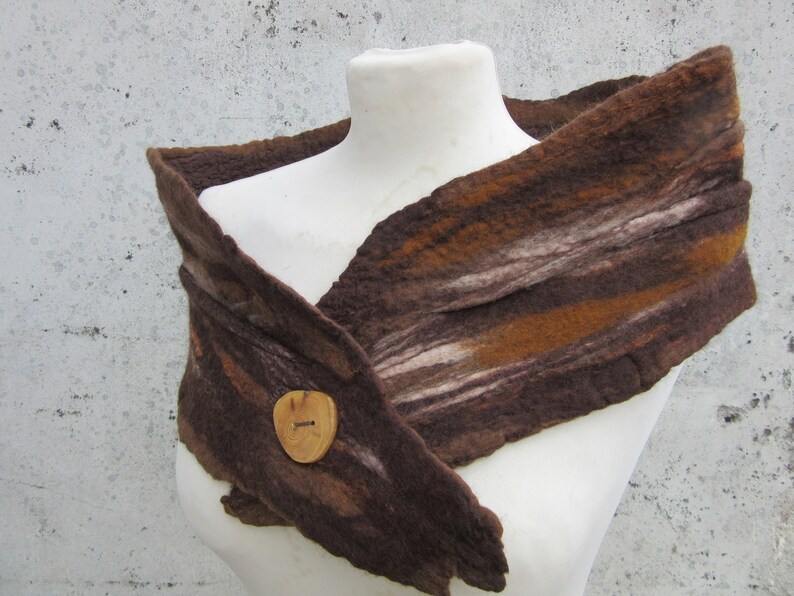 Brown Scarf, Handmade Stole, Nuno Felt Scarf, Scarves & Wraps, Scarf Accessories, Neck Scarf For Women, Merino Wool Scarf with Wooden Button image 5