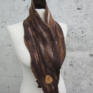 Brown Scarf, Handmade Stole, Nuno Felt Scarf, Scarves & Wraps, Scarf Accessories, Neck Scarf For Women, Merino Wool Scarf with Wooden Button image 8