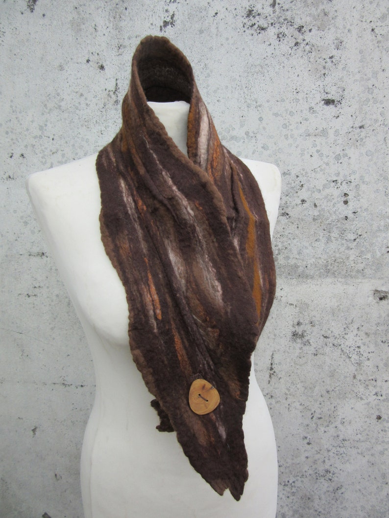 Brown Scarf, Handmade Stole, Nuno Felt Scarf, Scarves & Wraps, Scarf Accessories, Neck Scarf For Women, Merino Wool Scarf with Wooden Button image 8