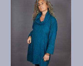Blue Winter Tunic, Thick Cotton Smock, Womens Winter Dress, Shirt