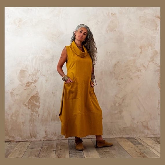 Mustard Yellow Zenn Dress in Cotton Linen Lagenlook Loose Fitted Sundress Natural Hand Dyed Linen Dress Etsy
