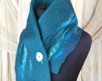 Teal Blue Wool Stole, Boho Women Accessories, Bespoke Scarf, Merino Wool Neck Warmer, Winter Shawl, Nuno Felt Accessories, Customized Stole