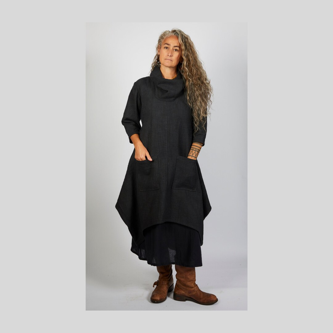 Womens Zenn Dress, Lagenlook Thick Winter Dress, Cowl Neck Cotton Full ...