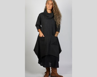 Women’s Zenn Dress, Lagenlook Thick Winter Dress, Cowl Neck Cotton Full Length Plus Size Dress, Vintage Style Medieval Themed Coatigan Dress