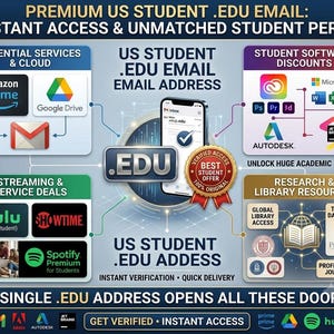 Puede incluir: Una infografía titulada PREMIUM US STUDENT .EDU EMAIL que muestra un teléfono inteligente con una bandeja de entrada, rodeado de iconos de Amazon Prime, Google Drive, Adobe, Microsoft 365, Hulu, Showtime y Spotify, destacando descuentos estudiantiles.