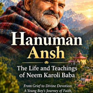 May include: A book cover titled Hanuman Ansh: The Life and Teachings of Neem Karoli Baba by Dr. Erin Lovett. It features a portrait of a bearded man wrapped in a plaid blanket against a backdrop of Himalayan mountains and a small temple at sunset.
