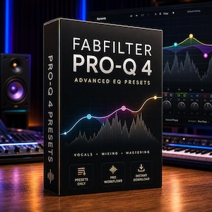 Puede incluir: Una caja de software rectangular negra para FabFilter Pro-Q 4 Advanced EQ Presets. El frente presenta un gráfico de curva de ecualizador colorido, texto que dice Vocals, Mixing, Mastering e iconos para Presets Only, Pro Workflows e Instant Download.