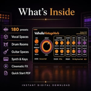 Puede incluir: Una interfaz digital para el software ValhallaVintageVerb, versión 2.2.0, con un mando central de decay, varios diales de control naranjas y morados, y una lista de 180 preajustes que incluyen Vocal Spaces, Drum Rooms, Guitar Spaces, Synth & Keys y Cinematic FX.