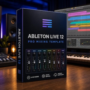 May include: A black rectangular box for Ableton Live 12 Pro Mixing Template. The front features a colourful logo, the text Ableton Live 12 Pro Mixing Template, a graphic of eight vertical audio mixer channels, and icons for 8 mix busses, stock devices, and instant download.