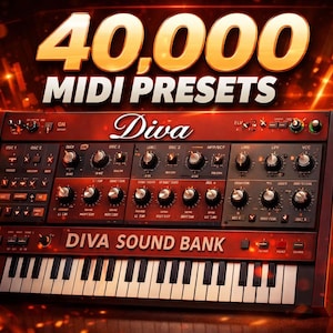 Może przedstawiać: Cyfrowy interfejs syntezatora z napisem Diva, czarno-białą klawiaturą, licznymi pokrętłami i przełącznikami. Tekst 40,000 MIDI PRESETS oraz DIVA SOUND BANK jest wyświetlany białymi i złotymi literami na tle świecącym w kolorze pomarańczowym.