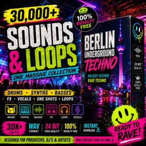 May include: A digital product box for Berlin Underground Techno sounds and loops, featuring a neon-lit cityscape with the TV Tower, a yellow smiley face, and text detailing 30,000+ files, WAV format, 24-bit quality, and royalty-free status.
