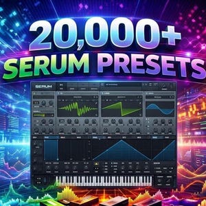 May include: A digital interface for Serum software featuring a dark gray control panel with various knobs, sliders, and a keyboard. The text 20,000+ SERUM PRESETS is displayed in large, bold, blue and white letters against a vibrant, neon-colored background.
