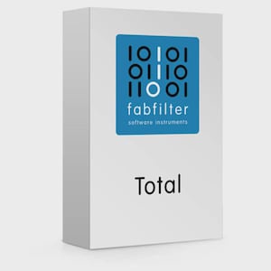 May include: A rectangular white software box featuring a blue square logo with a binary code pattern, the text fabfilter software instruments, and the word Total printed in black below the logo on the front face of the packaging.