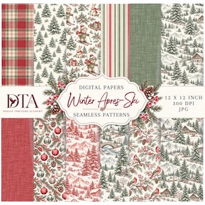 May include: A collection of Winter Apres-Ski digital papers featuring seamless patterns of skiers, snowy mountains, pine trees, red ornaments, and plaid designs. The text reads Digital Papers Winter Apres-Ski Seamless Patterns 12 x 12 inch 300 DPI JPG.
