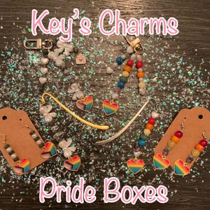 May include: A collection of accessories including two metal bookmarks, two pairs of earrings on cardboard displays, and two keychains. The items feature colorful heart charms with rainbow stripes, white bow charms, and various multi-colored beads.