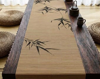 Asian Bamboo Table Runner, Chinese Landscape Painting, Oriental Zen Dining Table Decor