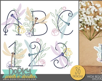 Dragonfly Alphabet Clipart -Personal and Limited Commercial Use- Pretty letters and numbers Clipart