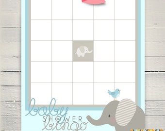 Blue Elephant Baby Shower Printable Bingo Game PDF - Printable Party Supplies - Baby Boy Elephant Shower