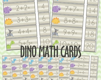 Printable Math Addition Cards PDF - Cute Dinosaurs -  kindergarten printable - first grade printable