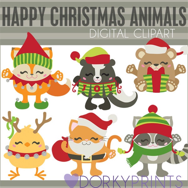 Christmas Clipart Christmas Animals -Personal and Limited Commercial Use- Kawaii Christmas Fox, Raccoon, Skunk, Santa Cat
