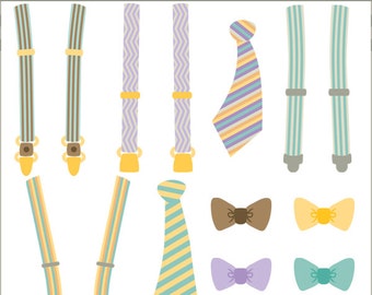 Suspenders and Ties Clipart Set -Personal and Limited Commercial Use- teal suspenders, brown bowtie, striped tie clip art