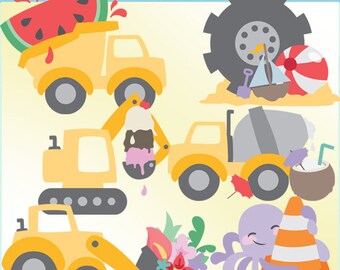 Summer Construction Vehicles Clipart -Personal and Limited Commercial- Dump Truck, Cement Mixer, Construction Site Clip Art
