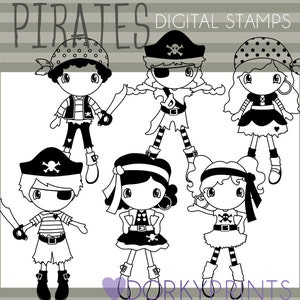 Pirate Clipart Set -Personal and Limited Commercial- Kid Pirates Black Line Art