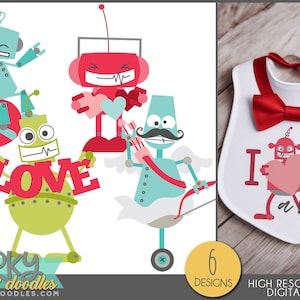 May include: A set of six digital clip art images featuring robots in various poses expressing love. The robots are red, green, and blue with hearts, arrows, and the word "LOVE".