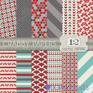Crab Digital Paper Pack, Red, Gray, and Blue Digital Paper, crabs and patterns backgrounds - Instant Download