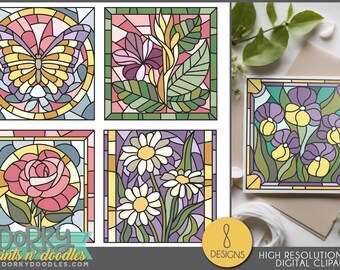 Spring Stained Glass Clipart - Pretty Floral Glass Designs for Sublimation, Cookies, and Stickers