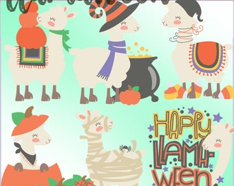 May include: A set of digital clip art featuring cute llamas dressed in Halloween costumes. The llamas are wearing costumes such as a witch, a mummy, and a pumpkin. The clip art also includes a cauldron, pumpkins, and candy corn. The text "Happy Llamaween" is included in the image.