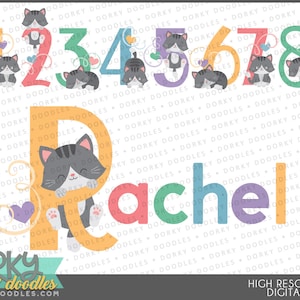 Cute Cats Alphabet and Numbers Clipart - Monogram and Birthday PNG Files