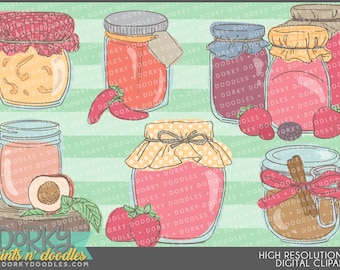 May include: Six illustrated jars of jam with different flavors and toppings. The jars are decorated with various patterns and colors, including red, yellow, pink, and brown. Each jar has a different topping, such as strawberries, peaches, cinnamon sticks, and chili peppers.