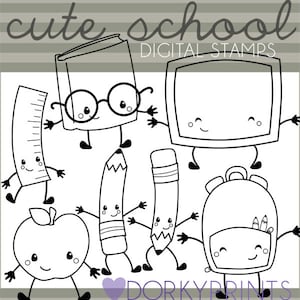 Kawaii School Clipart -Personal and Limited Commercial- crayons, pencil, school bus Black Line Art