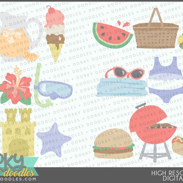 Summer Trios Clipart - Cute Summer Treats, BBQ, Beach, Swimming, Picnic PNG Files